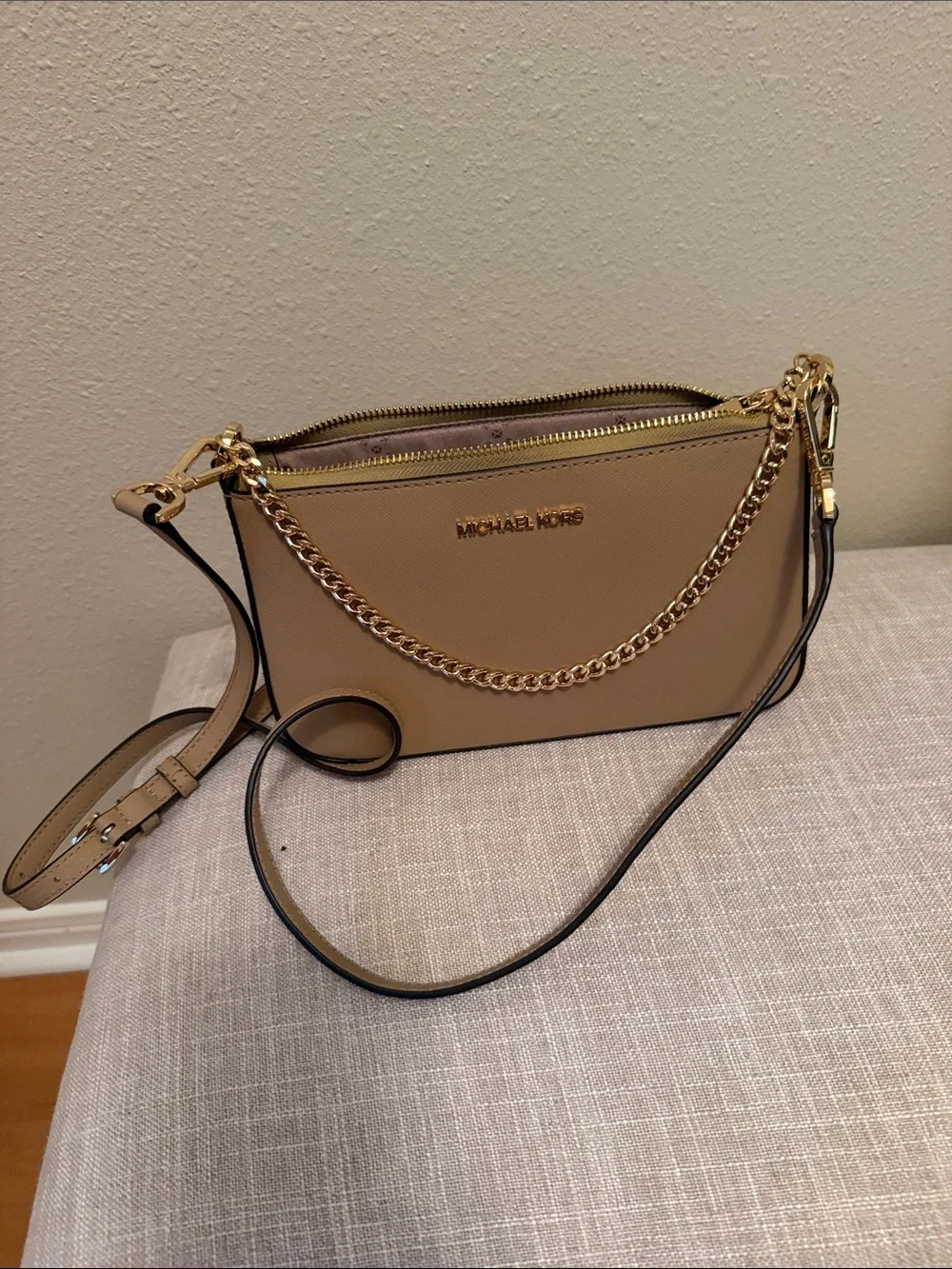 Michael Kors Beige Crossbody with Gold Hardware and Adjustable Strap
